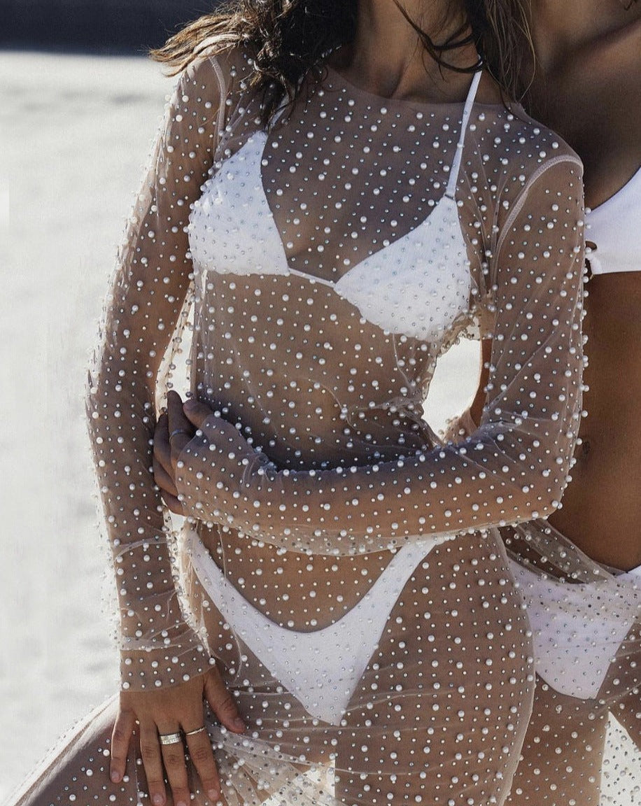 Mesh Sheer Pearl-Detail Dress