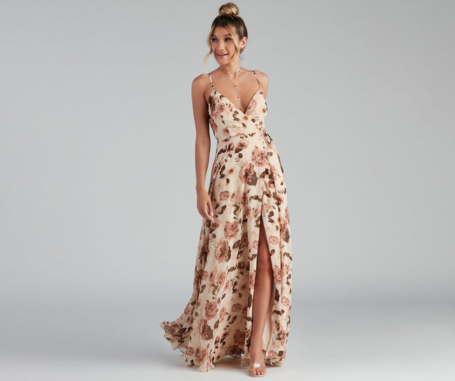 Erika Floral Chiffon Wrap A-Line Formal Dress - Lady Occasions Main image