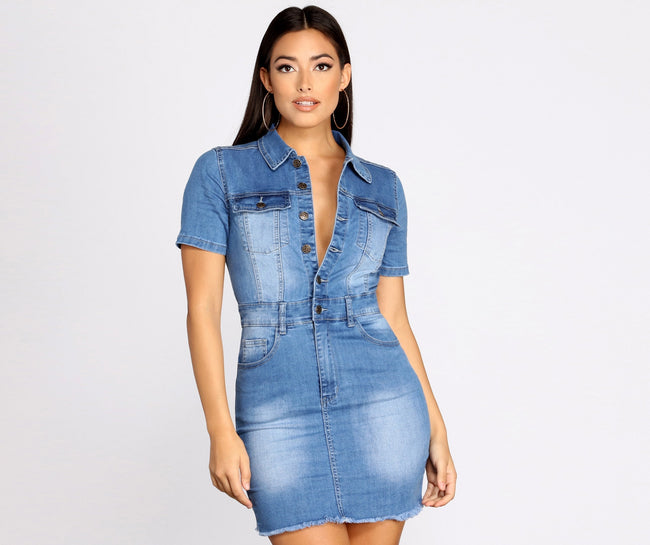 Denim Button-Front Raw-Hem Dress Main image
