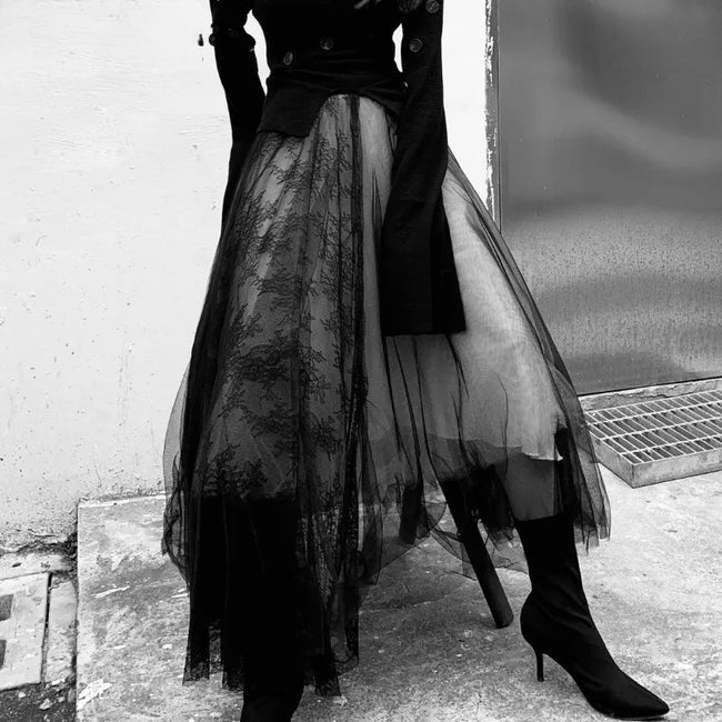 Patchwork Gauze Lace Urban Skirt Black / S Main image