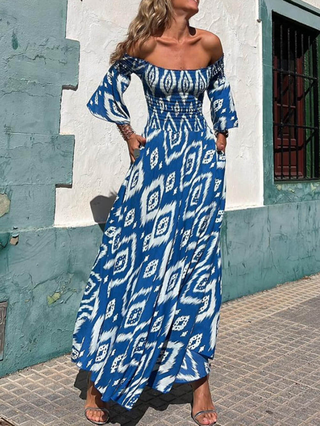 Printed Smocked Maxi Dress with an Off-Shoulder Neck Main image