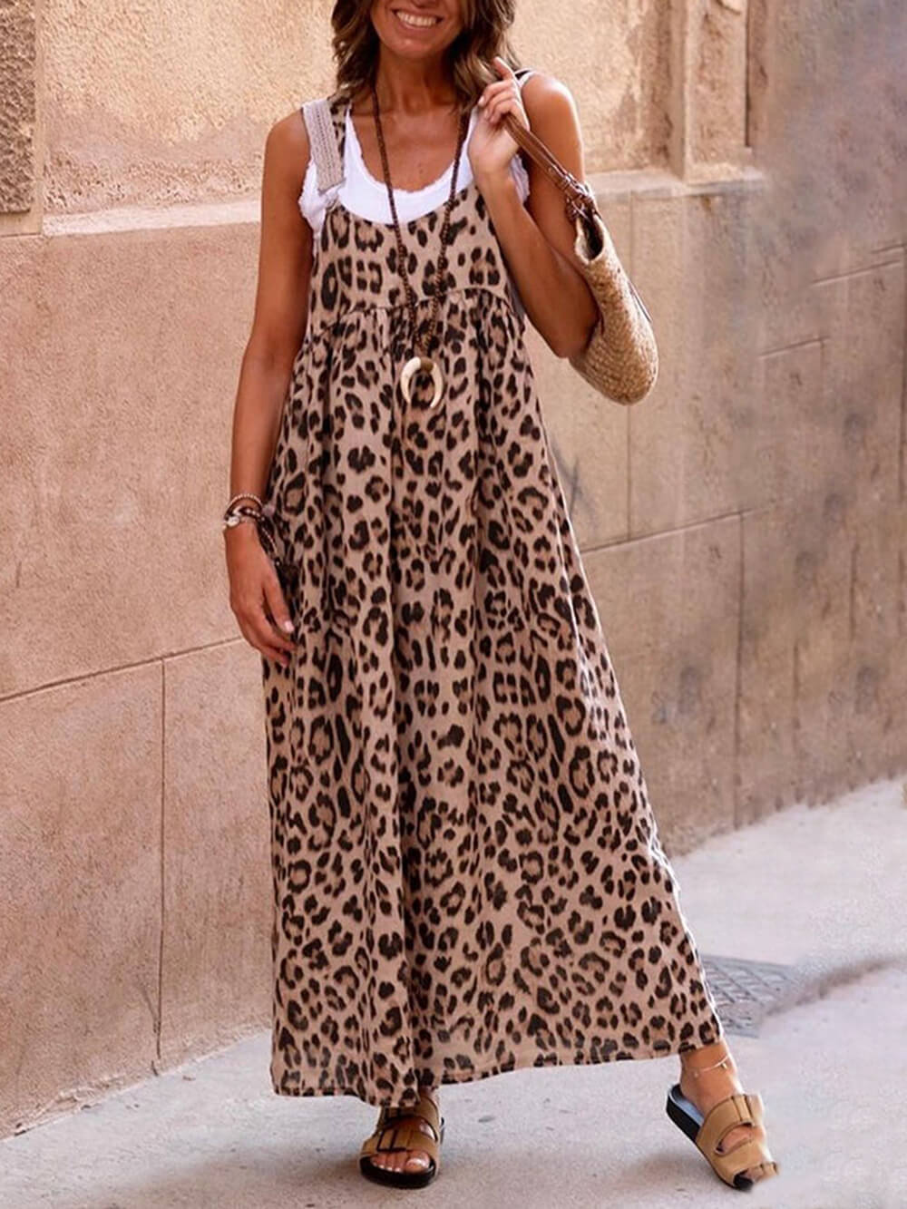 Leopard-Print Strappy Maxi Dress with Panel Details