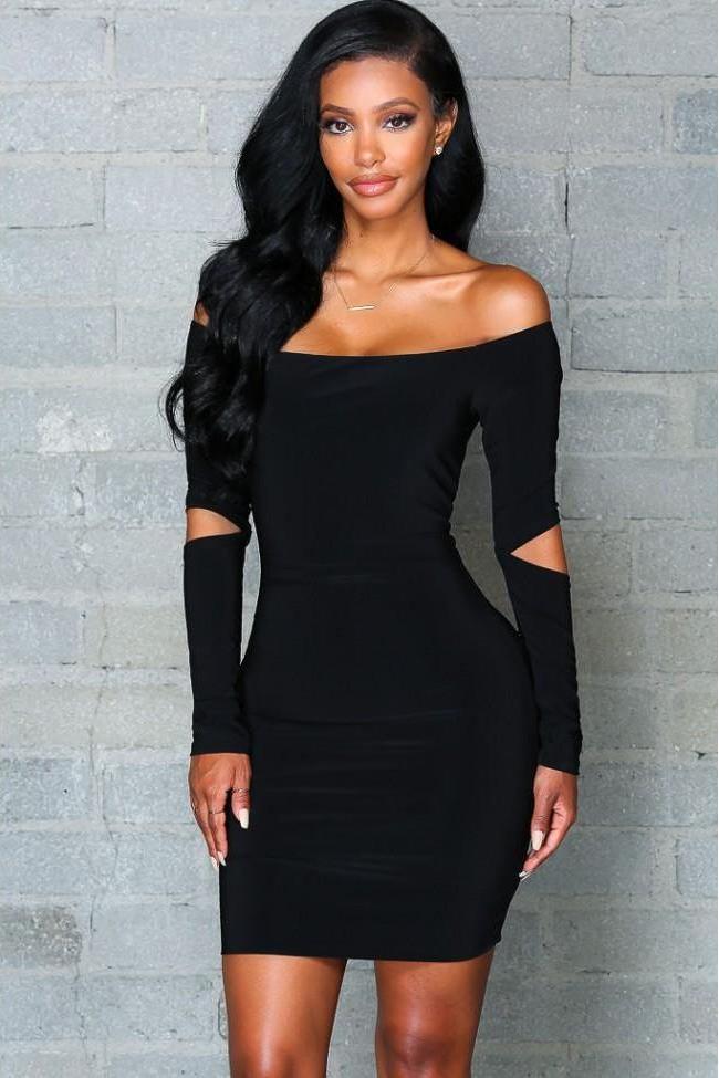 Black V-Neck Fitted Pleated Dress Main image