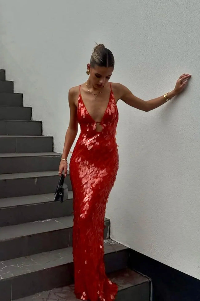 Plunging-V Mermaid Maxi Dress with Sequin Detail Main image