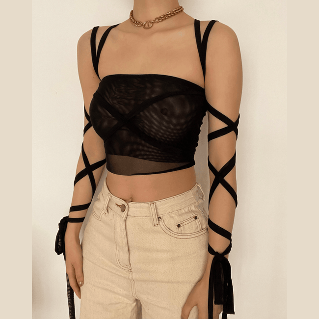 Strapless Bandage-Style Mesh Top with Lace-Up Details Main image