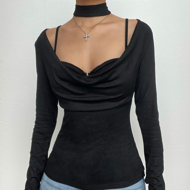 Cowl-Neck Strappy Long-Sleeve Two-Piece Set with Ruched Details Main image