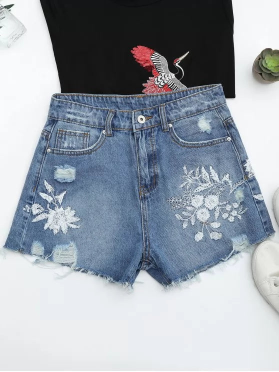 Floral Denim Distressed Shorts with Embroidery Main image