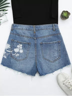 Floral Denim Distressed Shorts with Embroidery