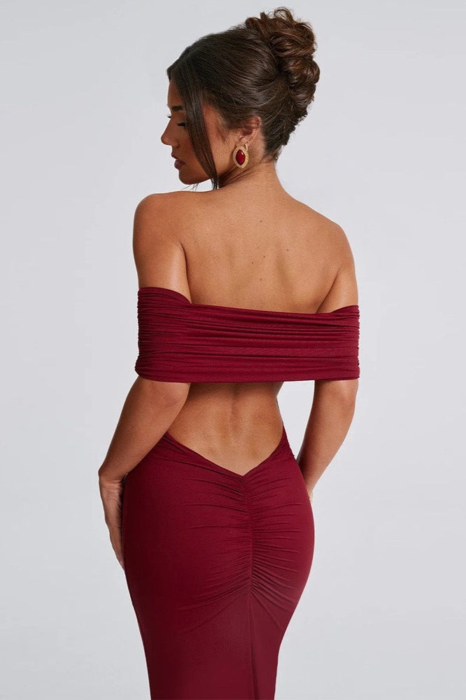 Solid Off Shoulder Ruched Formal Dress