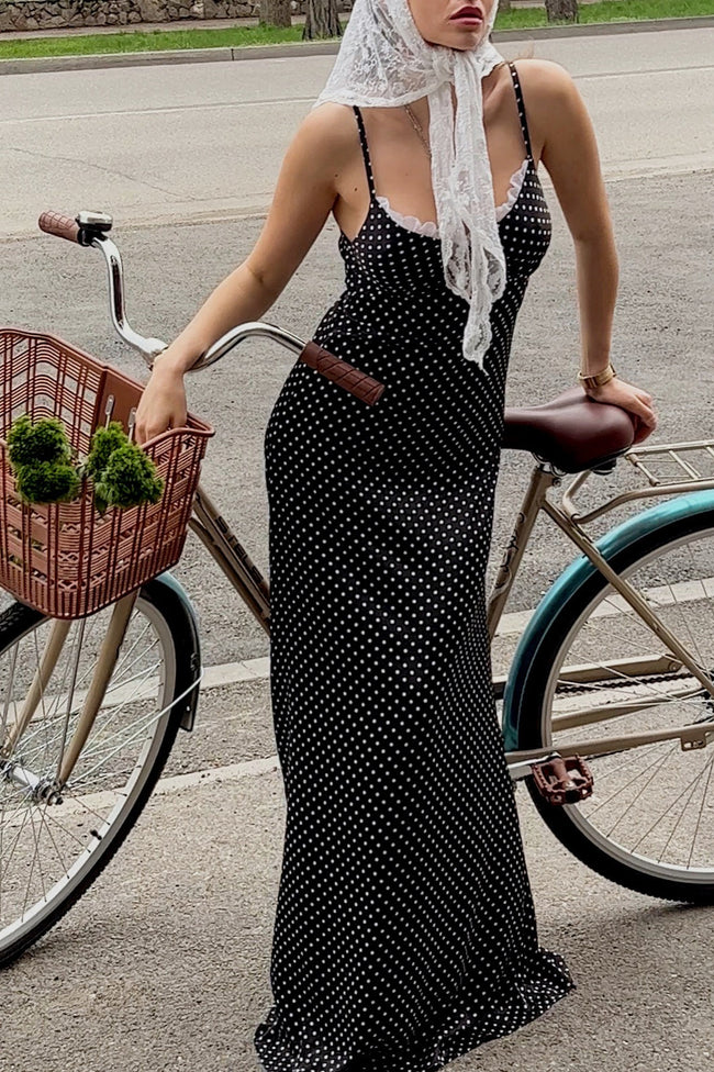 Polka-Dot Strappy Maxi Dress with Lace Trim Main image