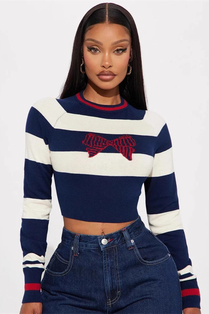 Striped Knit Sweater with Bow Details