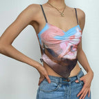 Abstract-Print Strappy Cropped Cami Top with a V-Neck