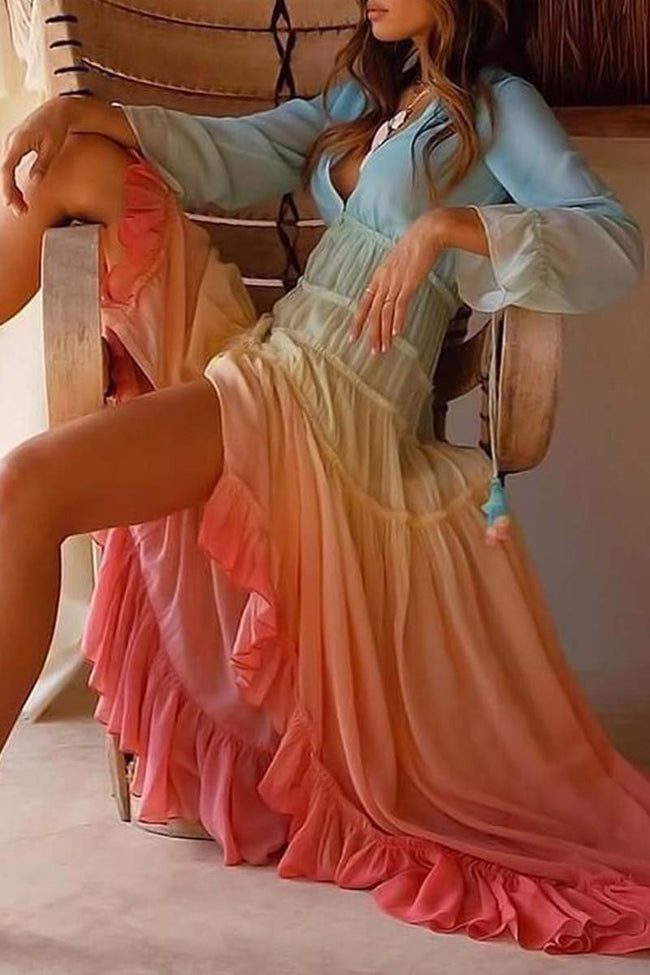 Ombré Long-Sleeve Dress with a V-Neck Main image