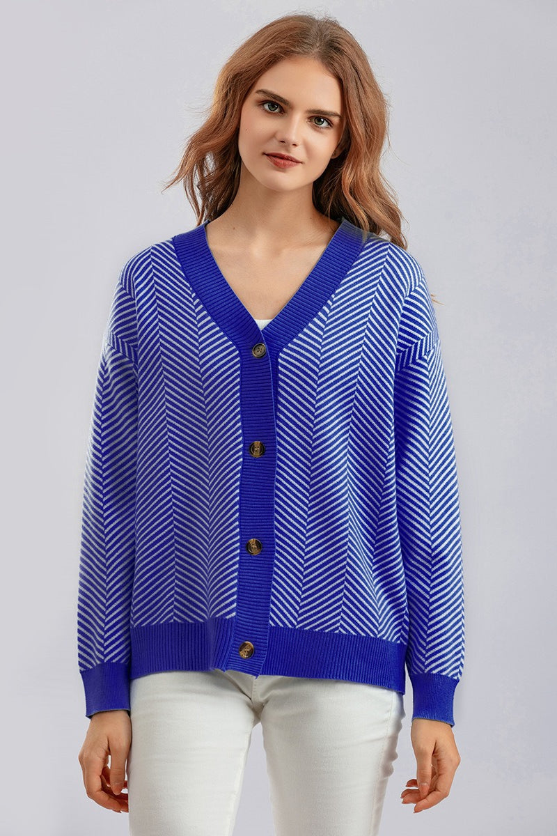 Long Sleeve Loose Knit Cardigan Sweater One Size / Dark Blue