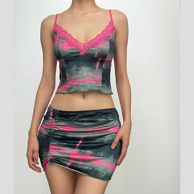 Tie-Dye Lace Strappy Top & Skirt Set with a V-Neck Main image