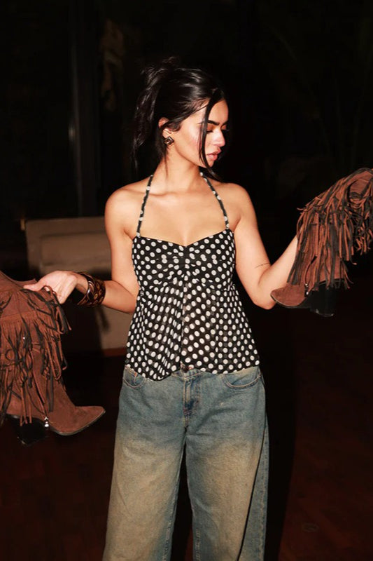 Polka-Dot Cropped Ruched Crop Top with a Halter Neck Main image
