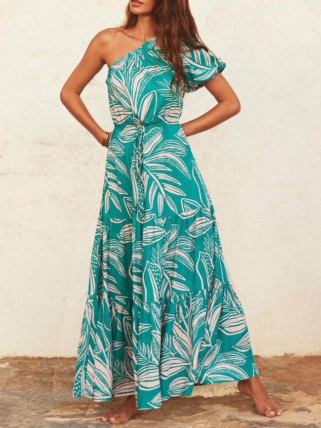 Botanical-Print Dress with an Off-Shoulder Neck Main image