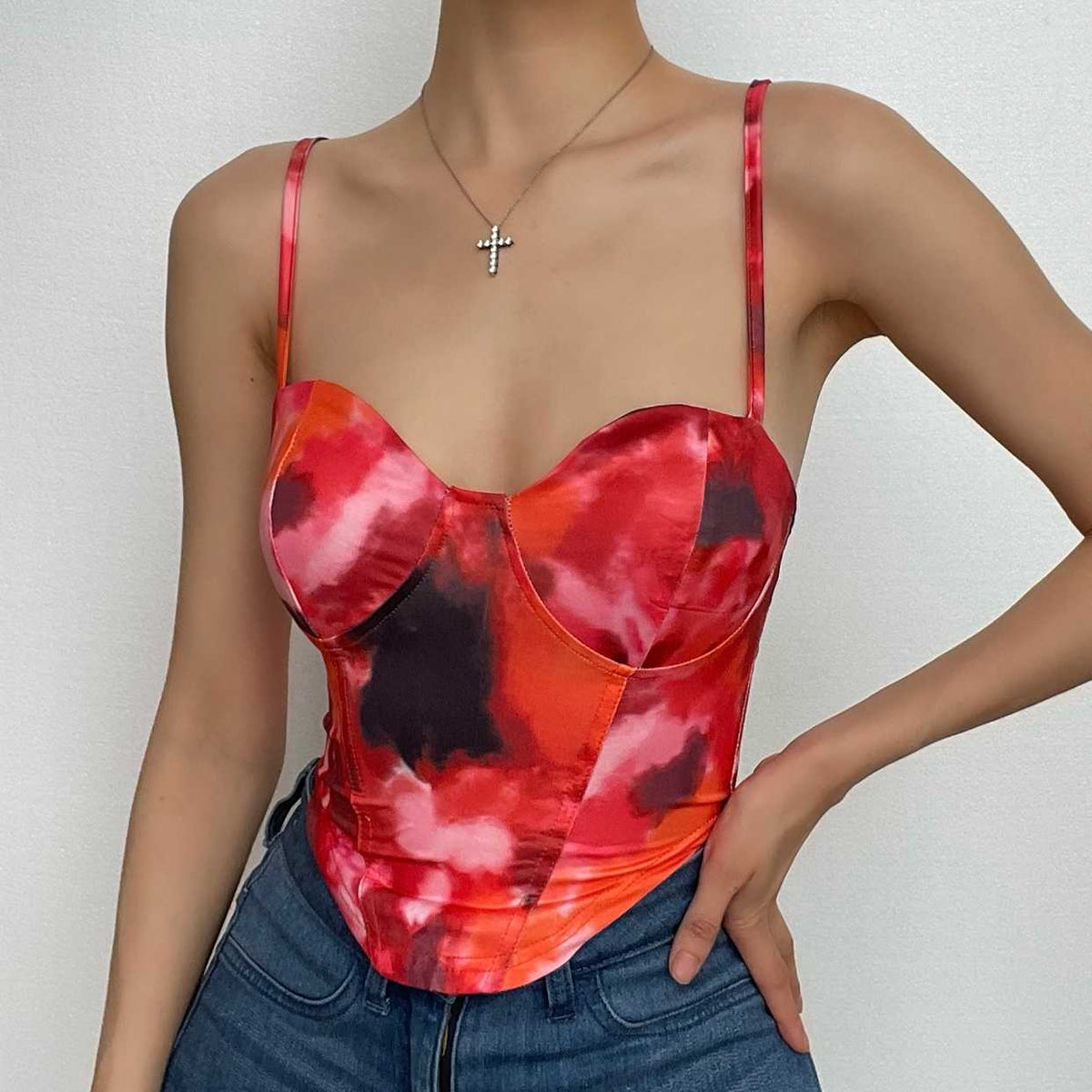 Tie-Dye Strappy Cami Top with Lace-Up Details