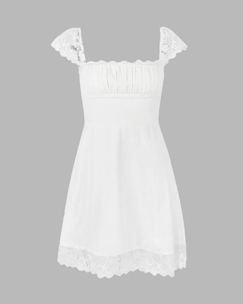 Sweetheart-Neck Short-Sleeve Mini Dress with Lace Details