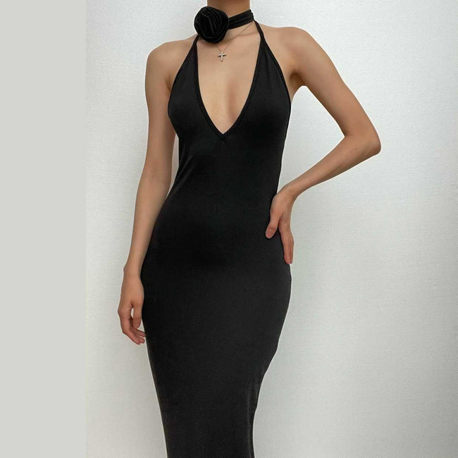 V-Neck Floral-Appliqué Maxi Dress with an Open Back Main image