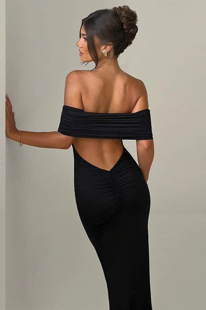 Solid Off Shoulder Ruched Formal Dress