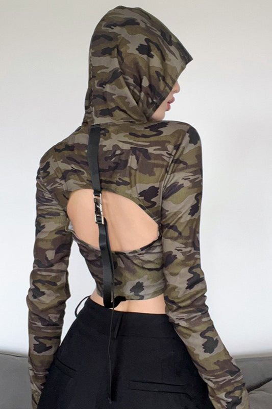 Camo-Print Hoodie with an Open Back