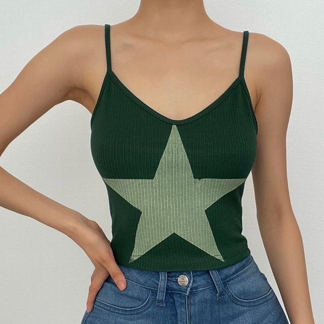 Star-Print Ribbed Strappy Cami Top with a V-Neck Main image