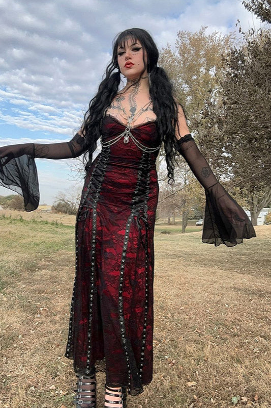 Strappy Layered Gothic Dress with Lace Details Main image