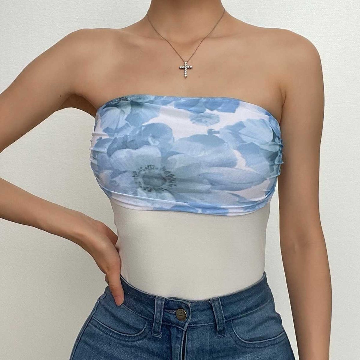 Floral Strapless Open-Back Top with Panel Details