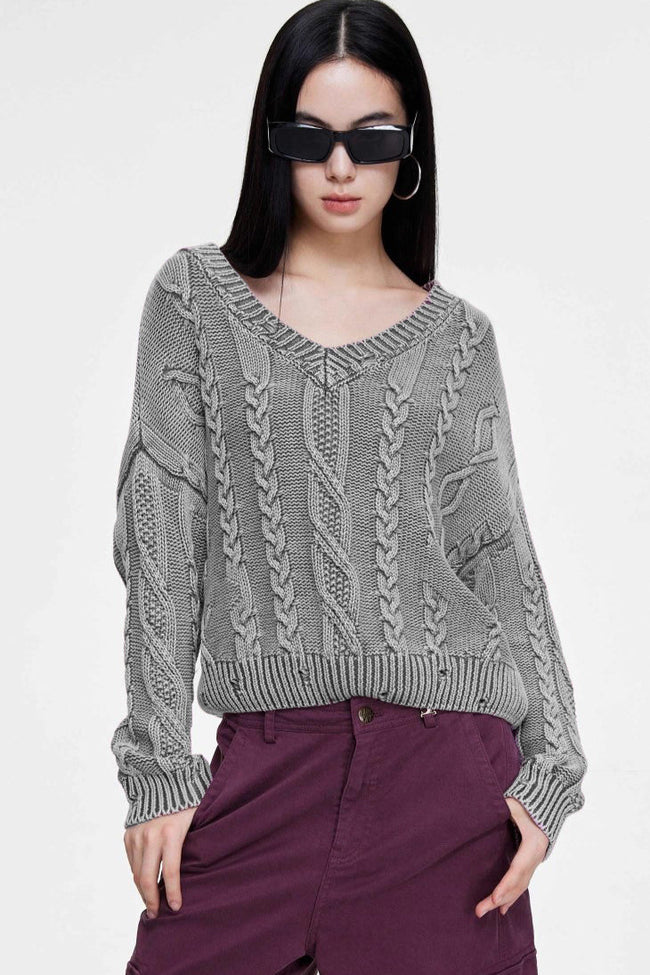 Cable-Knit Long-Sleeve Sweater with a V-Neck Main image