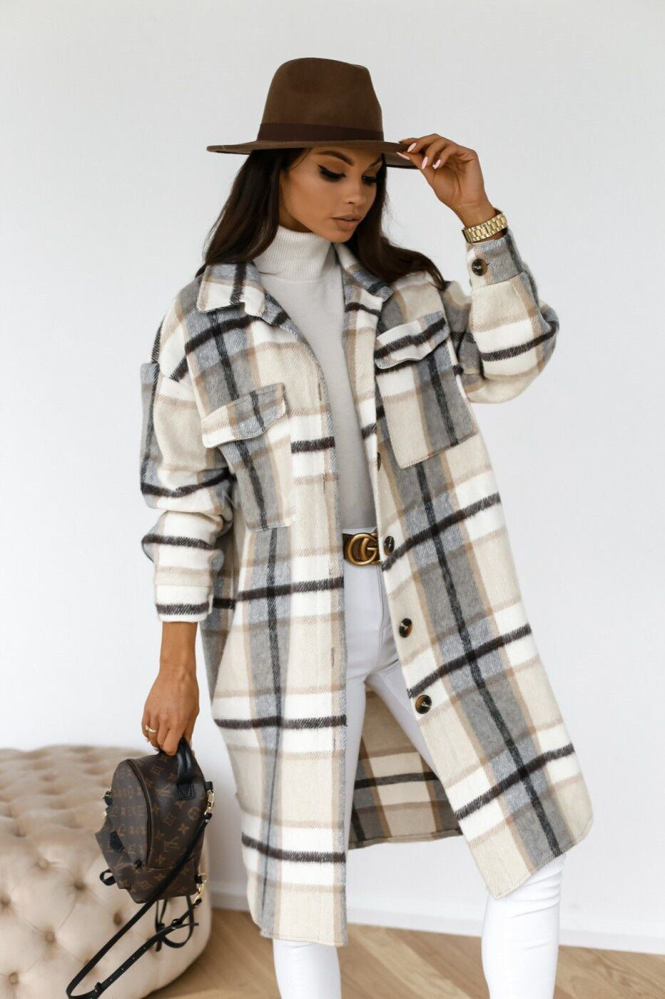 Plaid Button Down Shirt Coat White / S coats