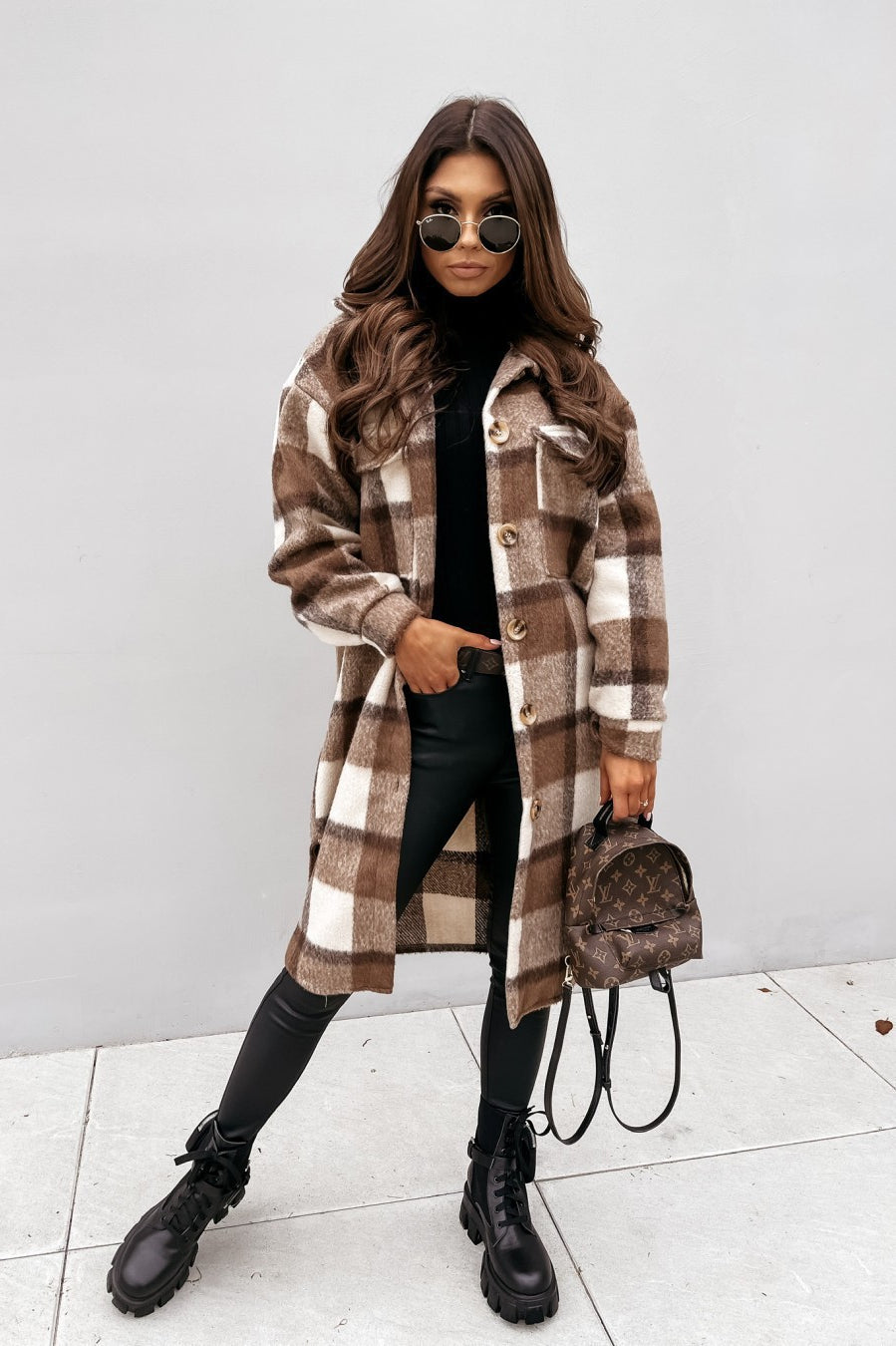 Plaid Button Down Shirt Coat Brown / S coats