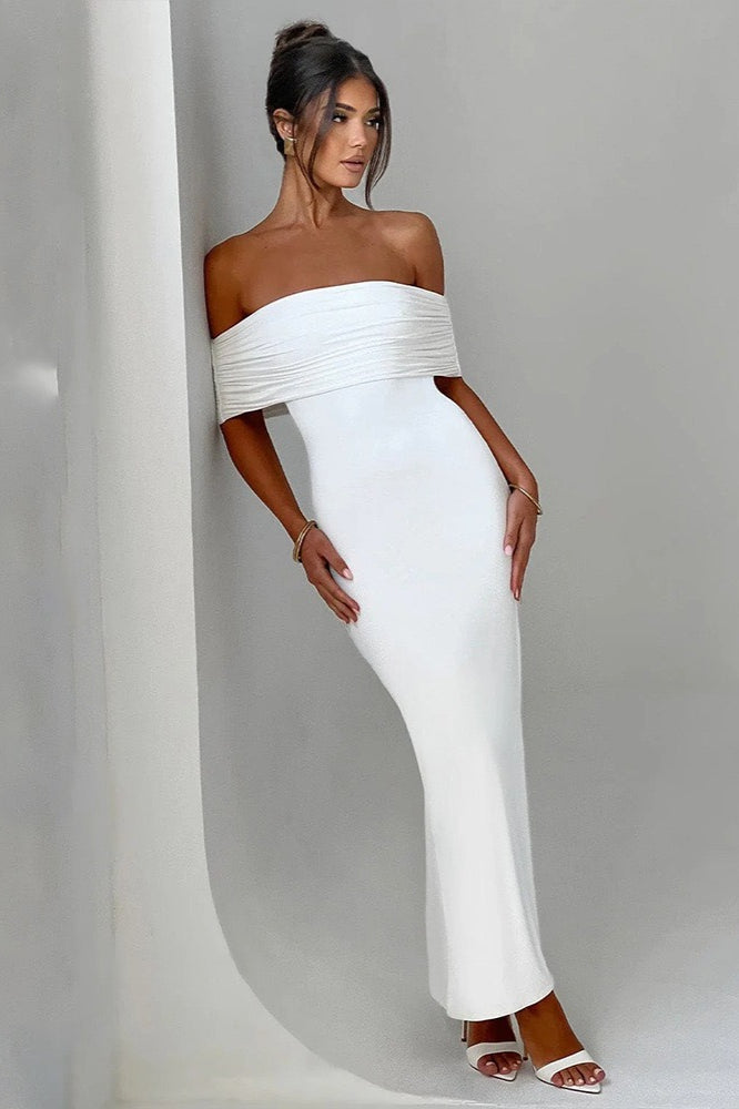 Solid Off Shoulder Ruched Formal Dress