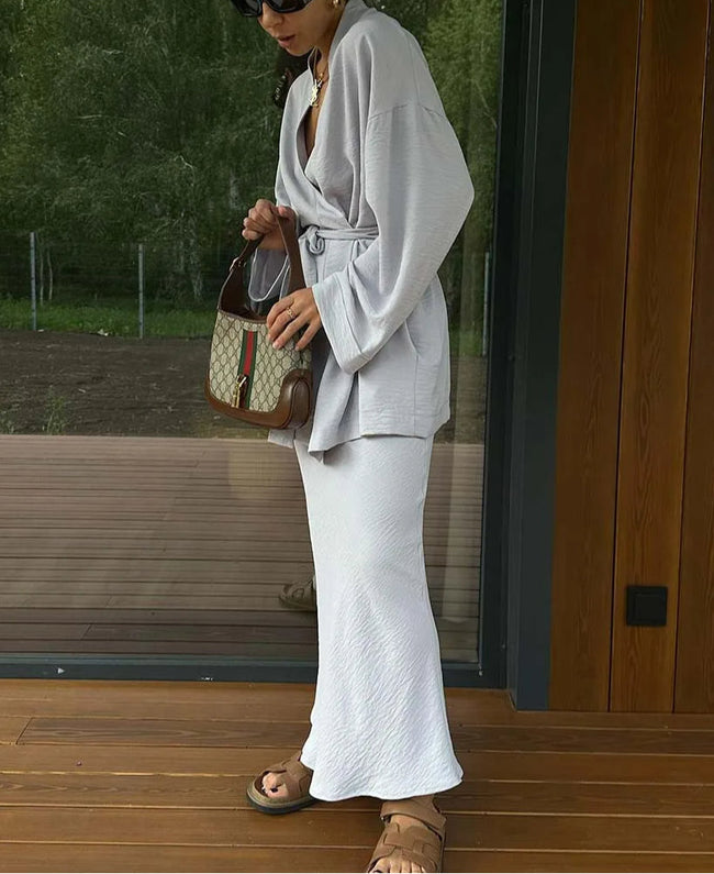 Grey V-Neck Elastic-Waist Two-Piece Set with Lace-Up Details Main image