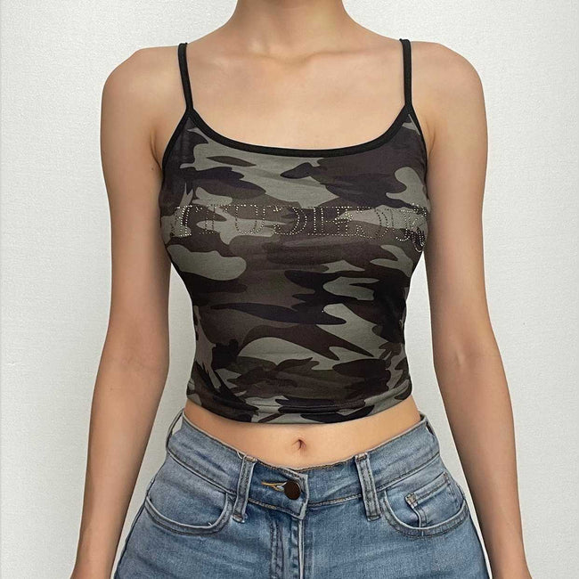 Camo-Print Strappy Cropped Cami Top with a Scoop Neck Main image
