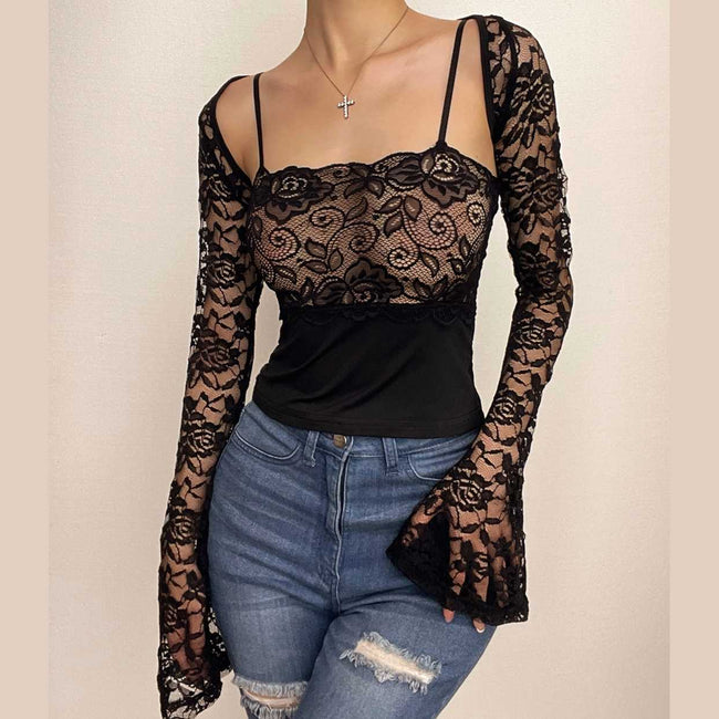 Square-Neck Lace Strappy Two-Piece Set Main image