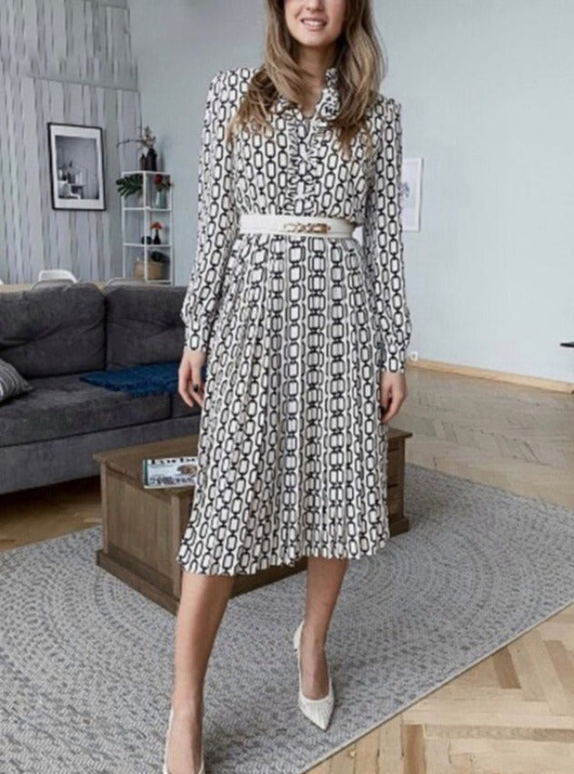 Geometric-Print A-Line Dress with Pleat Details Main image