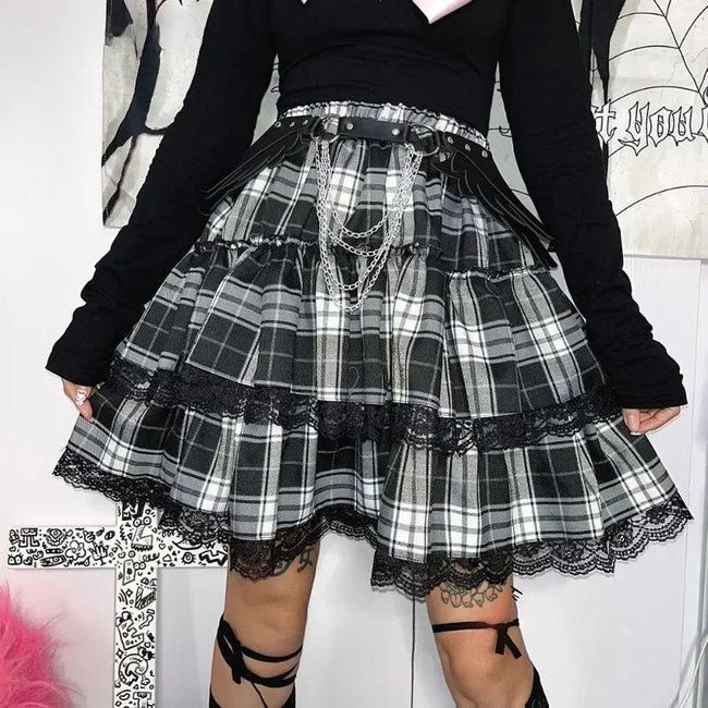 Stylish Tartan Patchwork Lace Skirt Black / S Main image