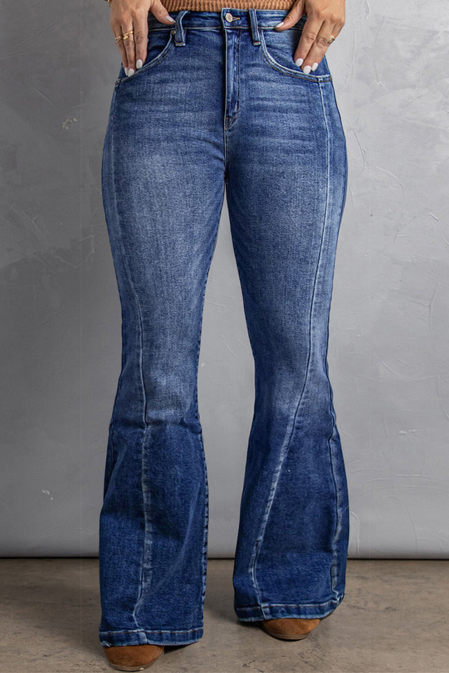 Dark Blue Plus Size Stitching Washed Flare Jeans Dark Blue 71%Cotton+27.5%Polyester+1.5%Elastane All In Stock bottoms clothes Fabric Denim Flare Jeans Jeans Occasion Daily pants Print Solid Color Season Spring Silhouette Flare Style Casual wide leg pants Main image