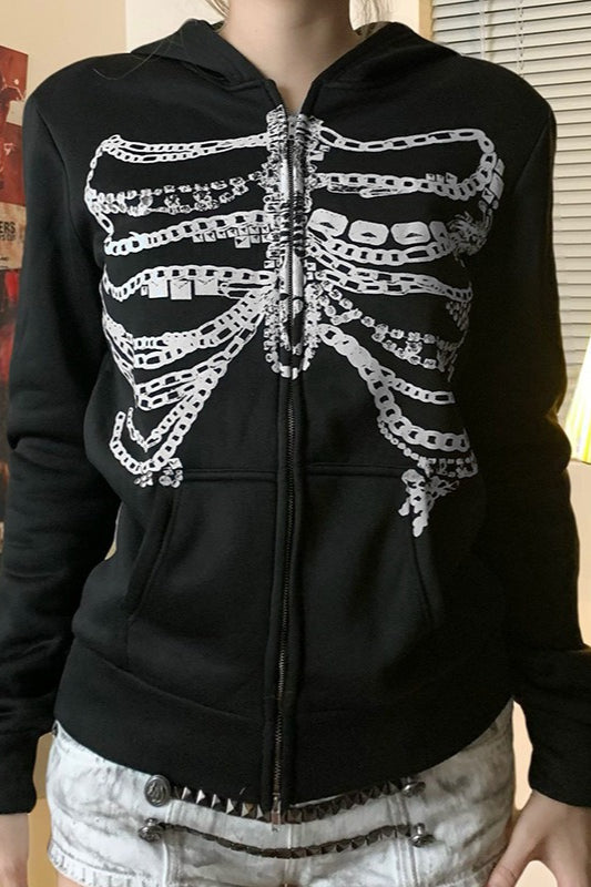 Skeleton-Print Zip-Detail Streetwear Hoodie Main image