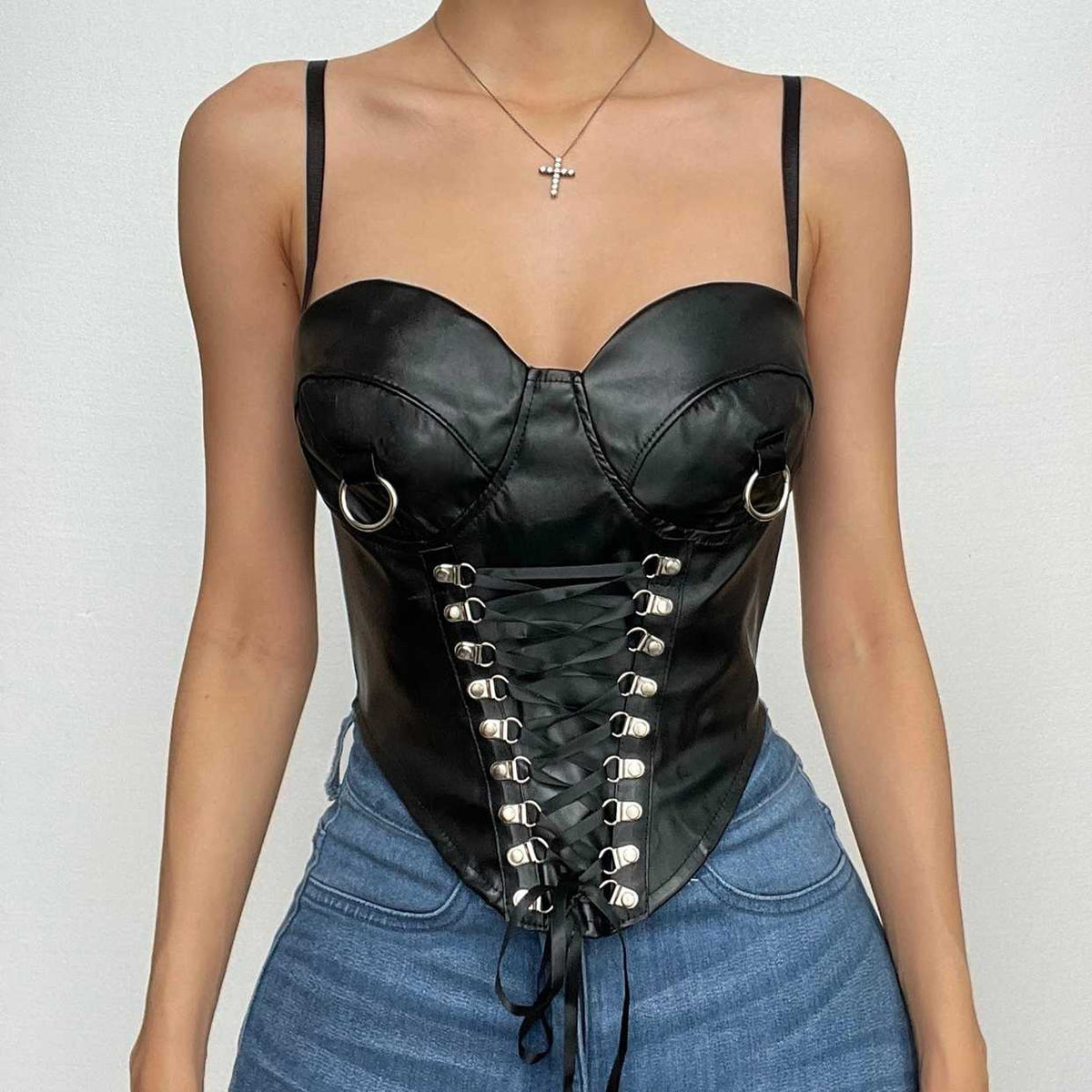 Sweetheart-Neck Faux-Leather Strappy Cami Top with a Front Zip