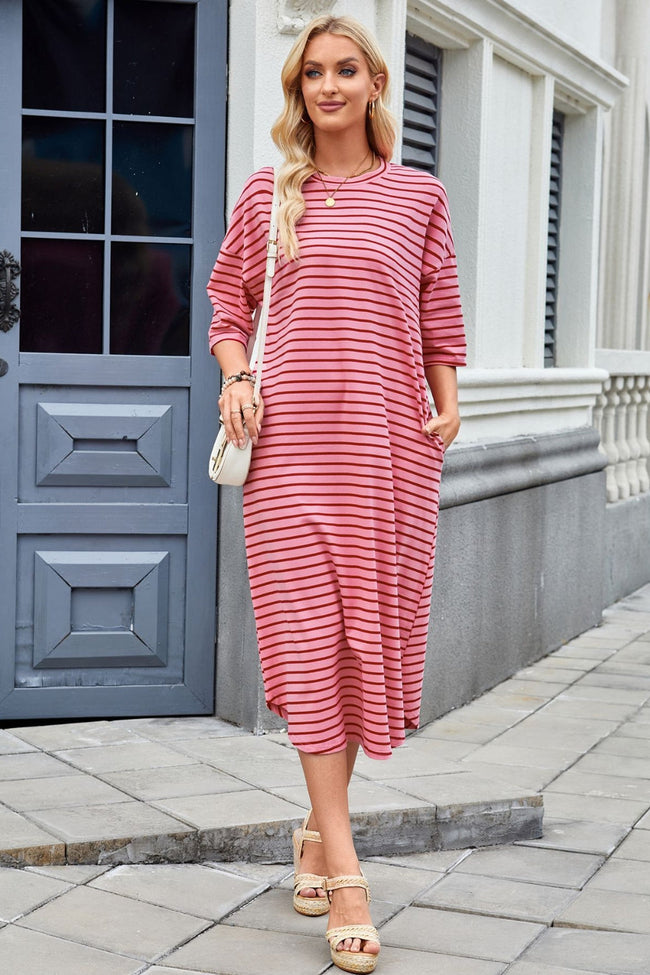 Striped Contrast-Detail Midi Dress with Pockets Main image