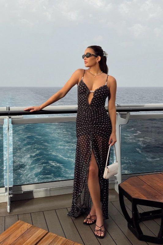 Polka-Dot Lace Strappy Maxi Dress with Ruched Details Main image