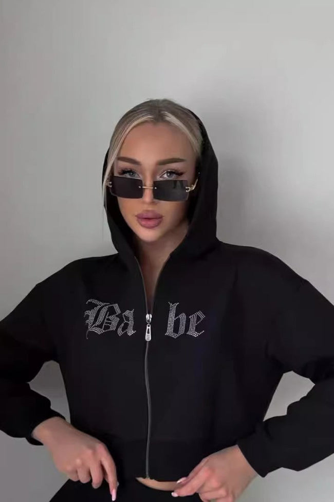 Rhinestone Hoodie with Zip Details Main image