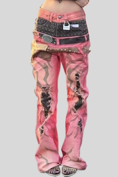 Pink Flared Graphic Jeans Main image