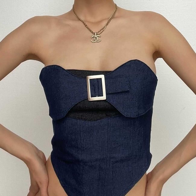 Denim Strapless Open-Back Top with Panel Details Main image