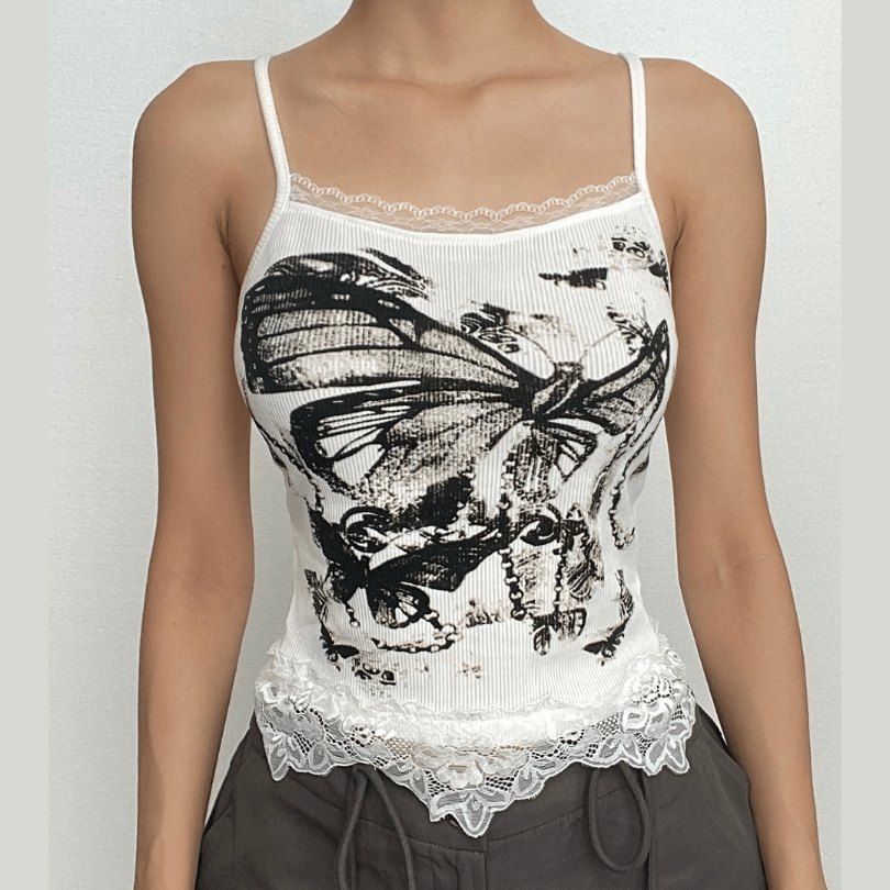 Ribbed Lace Strappy Cami Top with Butterfly Details