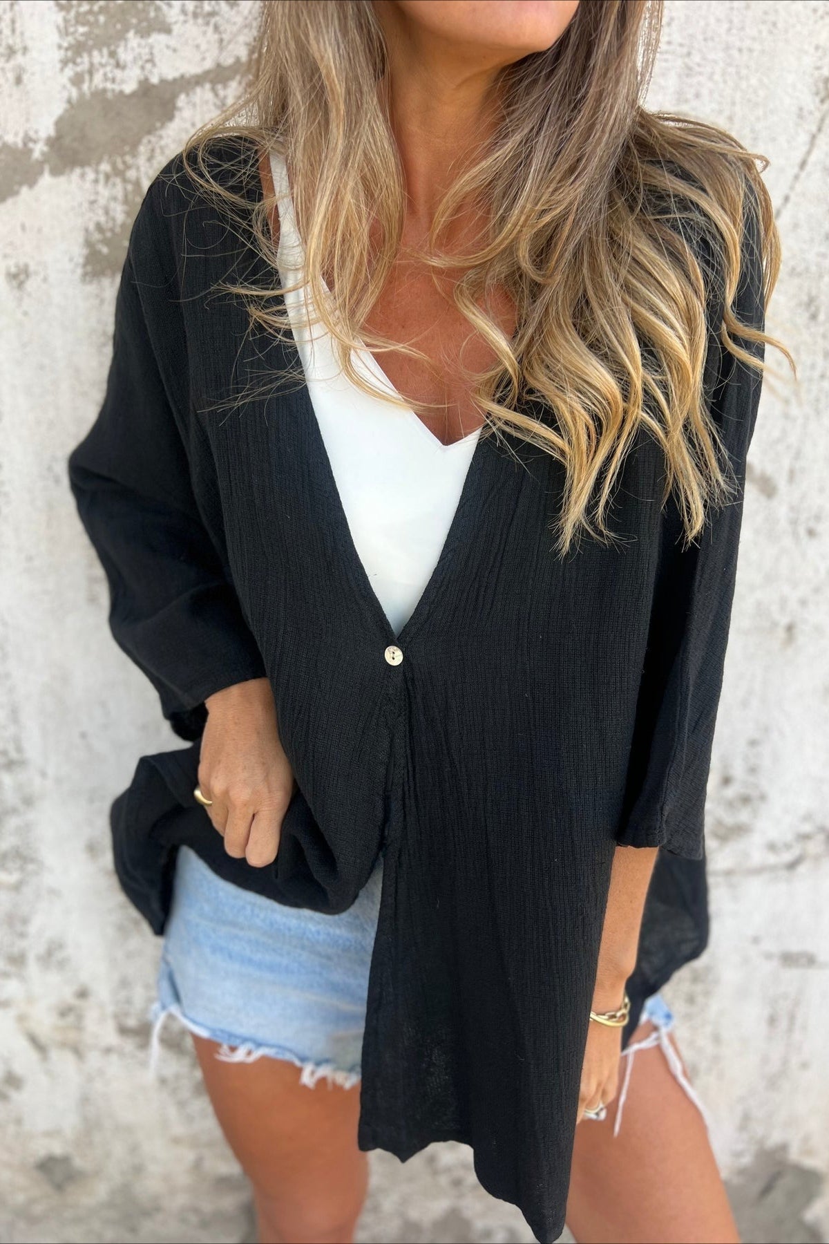Loose Fit V Neck Long Sleeve Cardigan Black / S