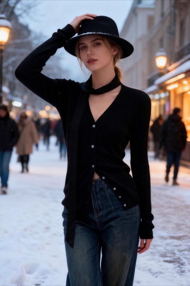 Ribbed Long-Sleeve Top with a V-Neck Main image