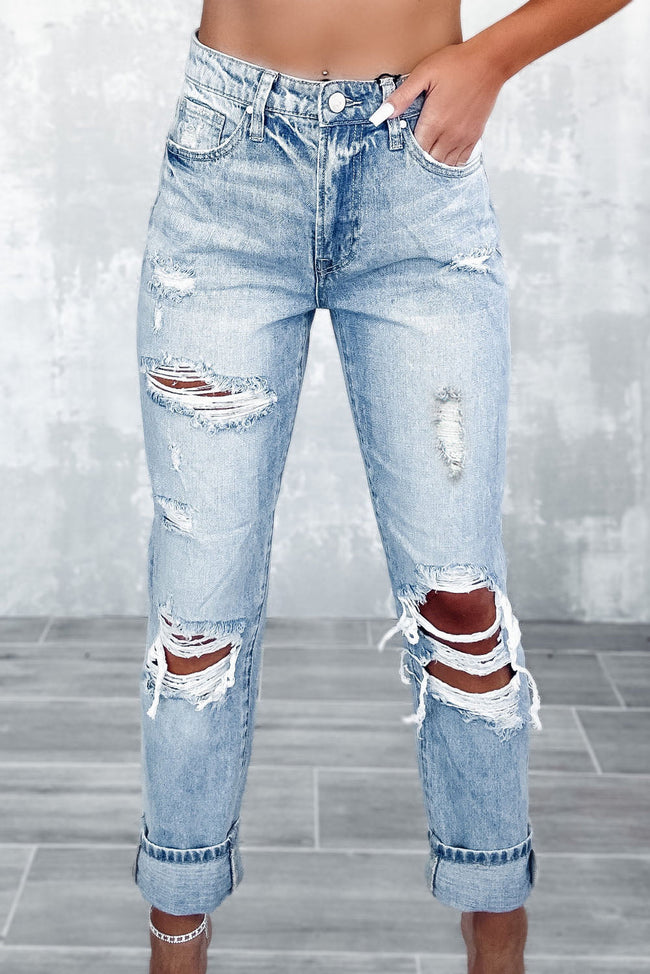 Sky Blue Light Wash Frayed Slim Fit High Waist Jeans Sky Blue 93%Cotton+5%polyester+2%Elastane All In Stock Best Sellers bottoms clothes Color Blue Craft Distressed Fabric Denim jeans pants ripped jeans Season Spring Style Western Main image